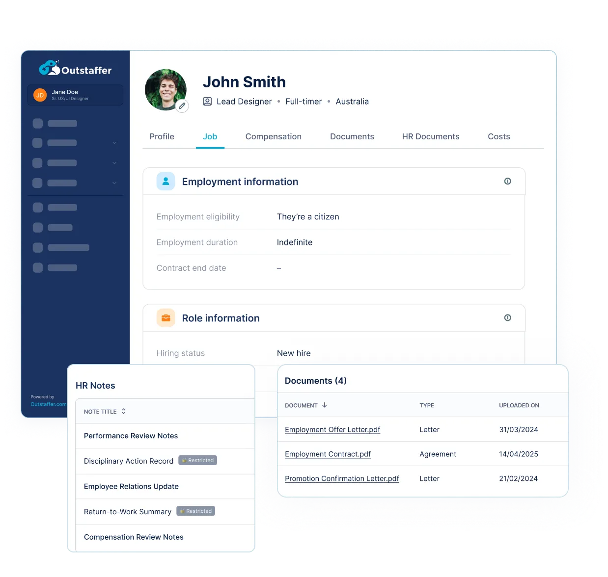 Outstaffer employee profile with job details, HR notes and documents