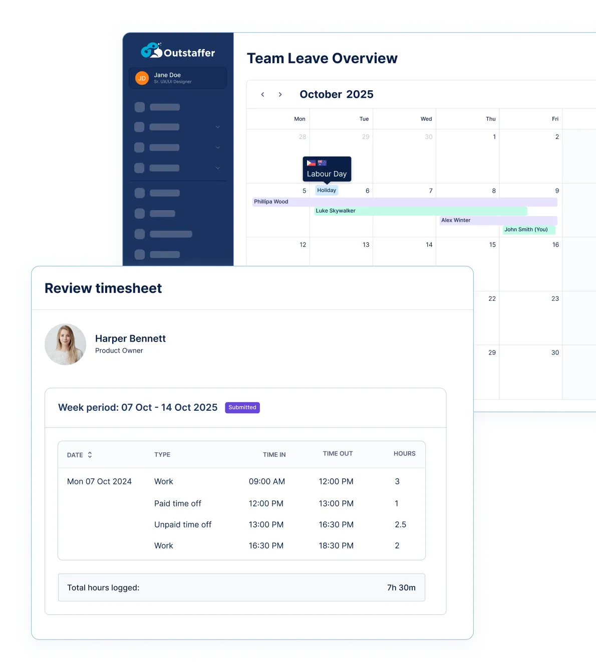 Outstaffer team leave calendar and timesheet review screen