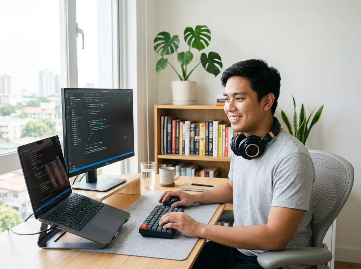 A developer working at a home desk with two monitors