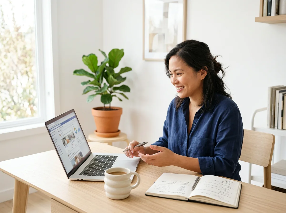A remote worker reviewing content on a laptop at home