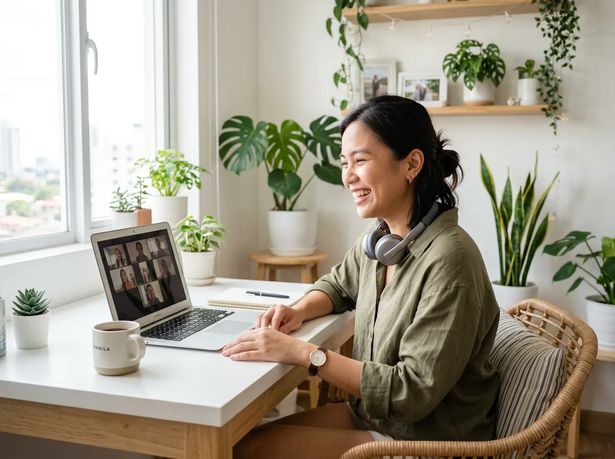 A remote worker on a video call at a home desk