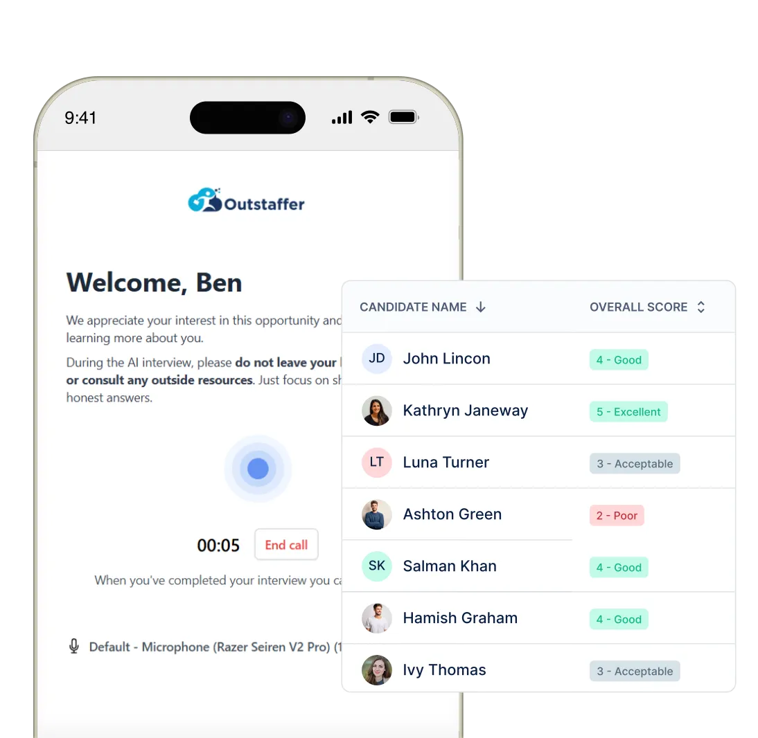 Anna, the Outstaffer AI recruiter, interviewing a candidate on a phone next to a ranked candidate scorecard