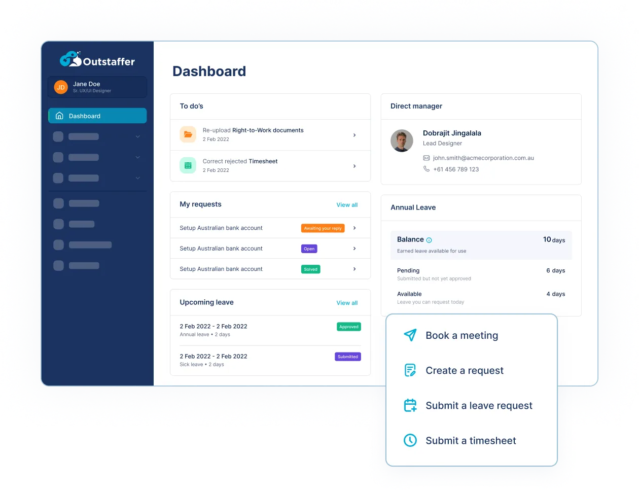 Employee self service portal: profile, payslips, documents, leave and timesheets