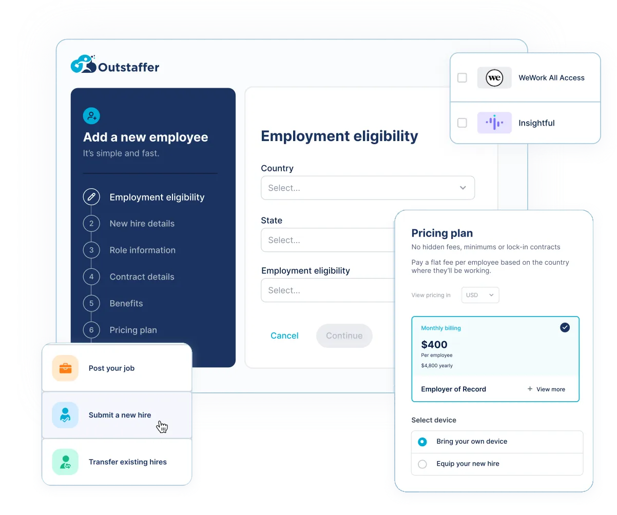Add a new employee: employment eligibility check and Employer of Record pricing plan in the Outstaffer platform