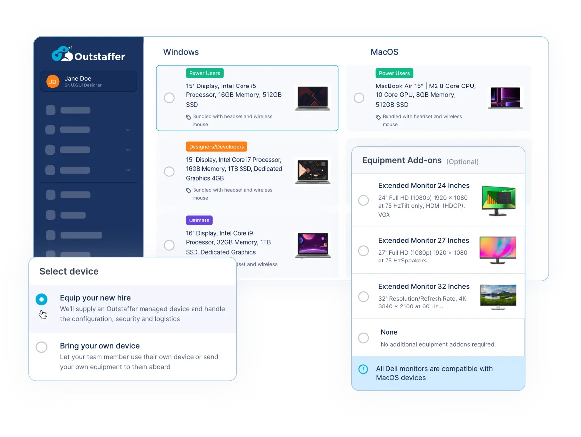 Equipment as a Service: pre-configured laptop and accessories ordered through the Outstaffer platform